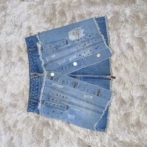 Jella C Asymmetrical Zip Button Front Silver Studded Denim Mini Skirt M